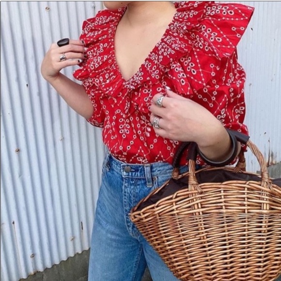 Zara Red Embroidered Eyelet Ruffle Top - Picture 10 of 12